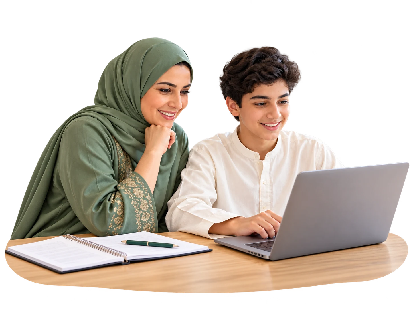 مشهد تعليمي توضيحي لأم تتابع تعلم ابنها عبر الحاسوب